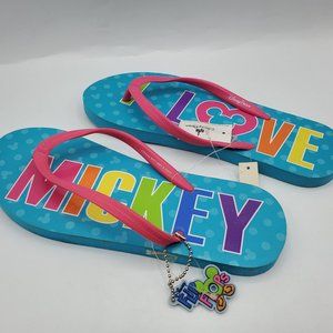 NWT DISNEY PARKS "I LOVE MICKEY" FLIP FLOPS with HANG TAG KEY CHAIN